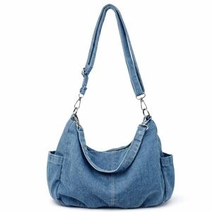Denim Shoulder Bag with Adjustable Strap - Blue
